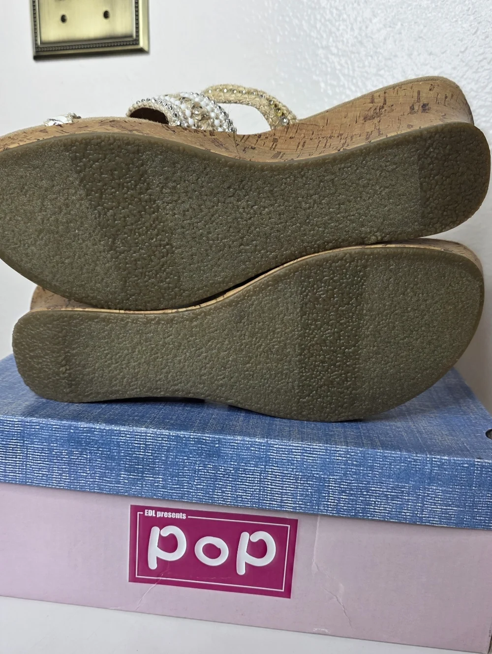 POP Kern Trail Silver & Natural Cork Wedge Thong Slip On Sandals New In Box 9m
